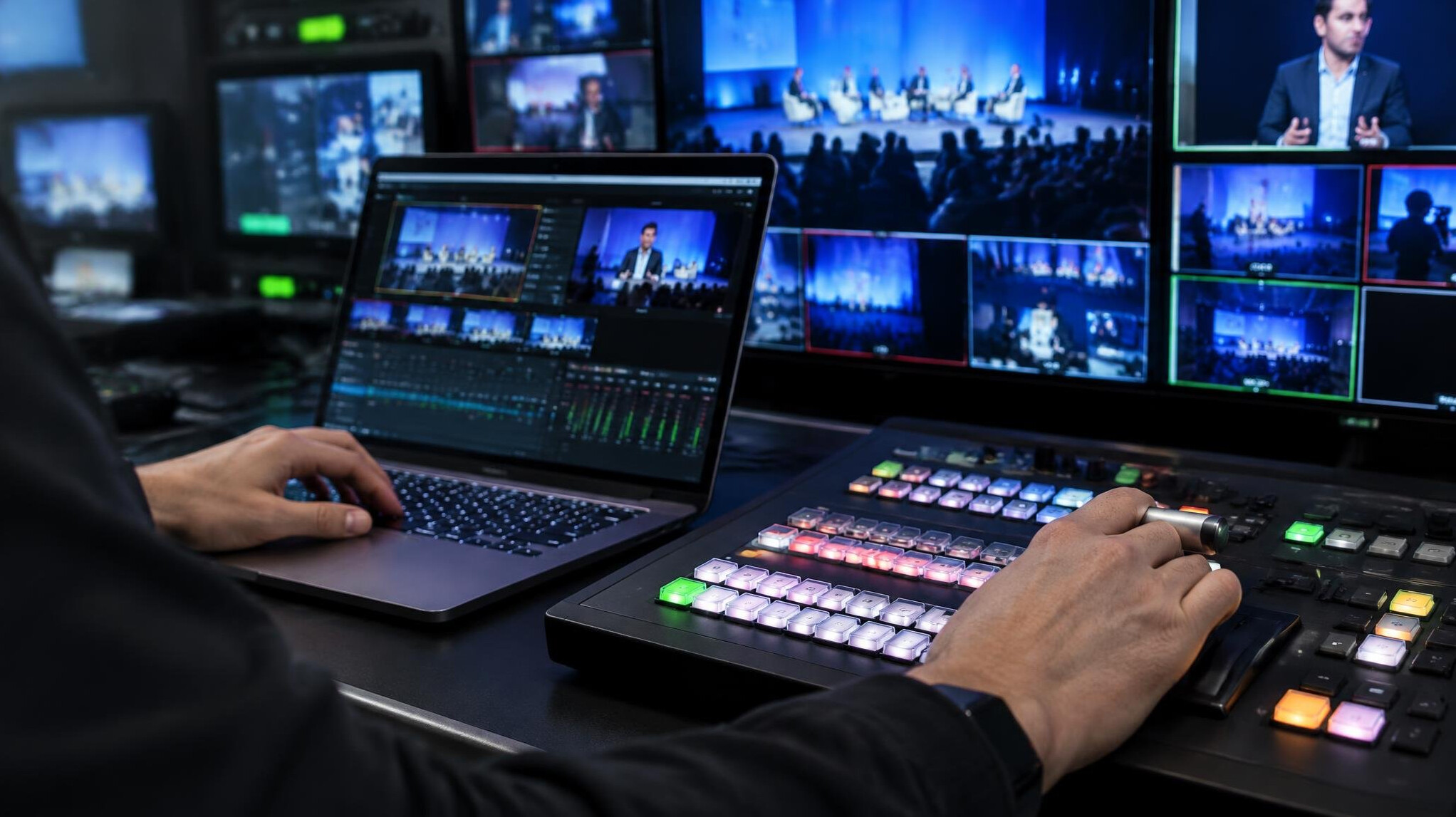 Close-up of hands working on a laptop with a dark monitor display