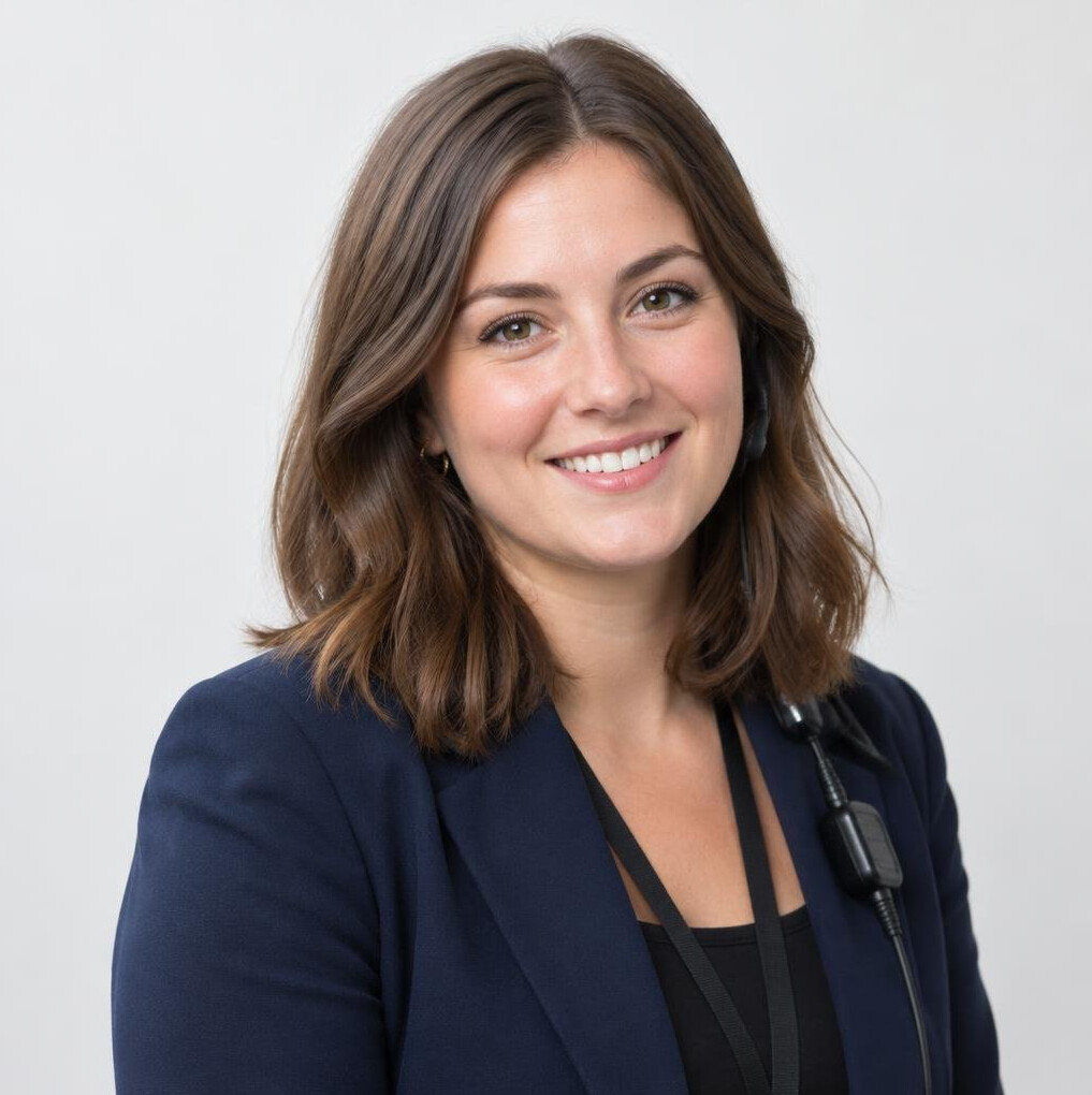Portrait of a smiling young woman with dark hair in a bright studio