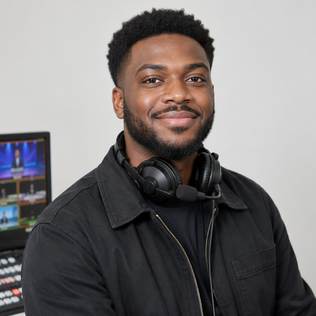 Portrait of a smiling young man in a dark jacket in a bright studio